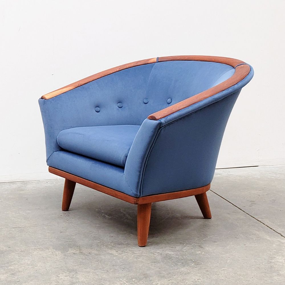 1950s Midcentury Danish Lounge Chair in Blue Velvet