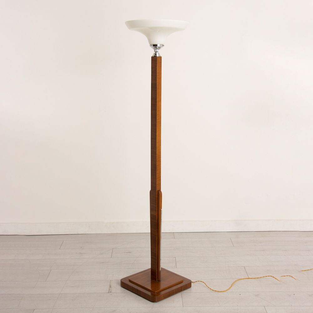 Art Deco Walnut Uplight Floor Lamp with Opal Glass Shade British c.1930