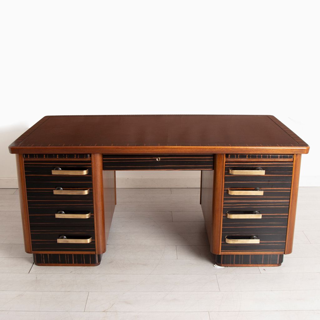 Macassar Ebony Teak Pedestal Desk with Brown Hide Leather Top c.1960s