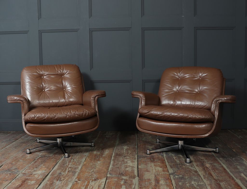 Pair of Midcentury Leather Swivel Chairs