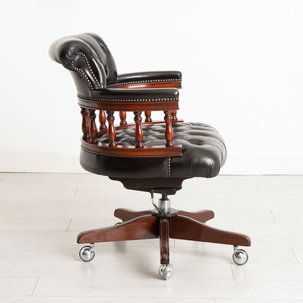 Vintage Buttoned Black Leather Adjustable Desk Chair c.1960 Vintage Buttoned Black Leather Adjustable Desk Chair c.1960
